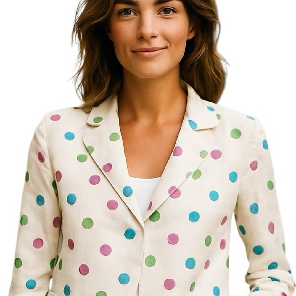 BIELLA COLLEZIONI LINEN MARIA LUISA B CROP POLKA DOT WHITE PINK BLUE BLAZER 42